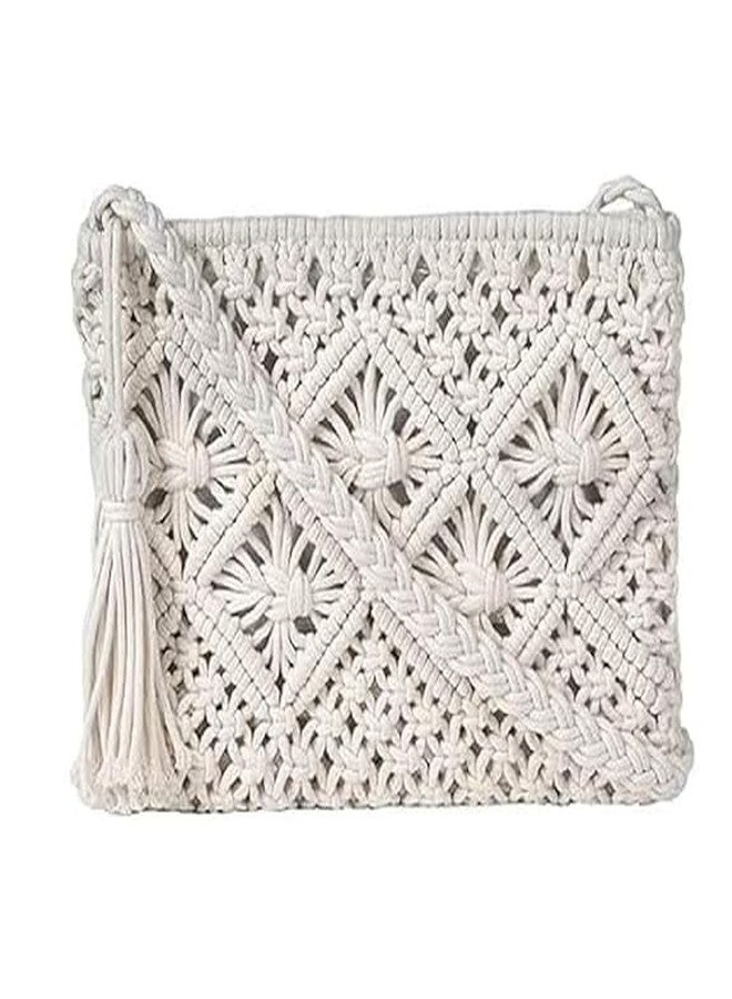 Urooz Womens Macrame Shoulder Bag, Knitting Handmade Weaving Handbag, Simple Hollow Beach Bag,Off- White - Size: Width 22 cm x Length 20cm Off White 1PIECE - Image 1